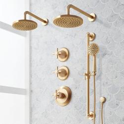 Shower System with Dual Showerheads, Slide Bar and Hand Shower in Brushed Gold