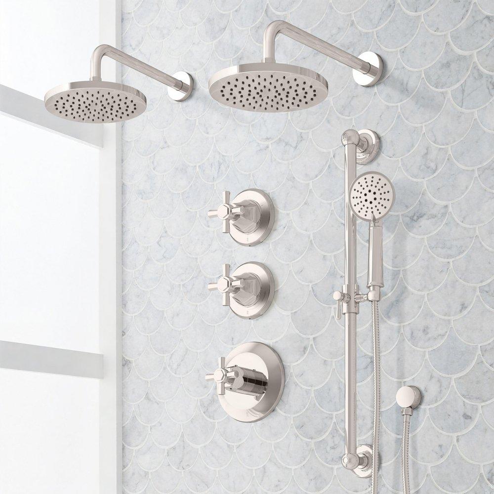 ELITA THERMOSTATIC SHOWER SYSTEM - DUAL SHOWERHEADS SLIDE BAR AND HAND SHOWER-CROSS-POLISHED NICKEL 