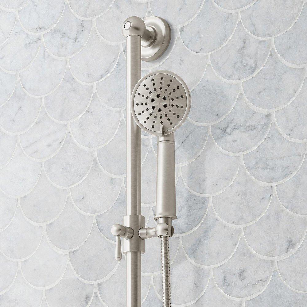 Signature Hardware Brushed Nickel Shower System with Dual Showerheads, Slide Bar and Hand Shower 