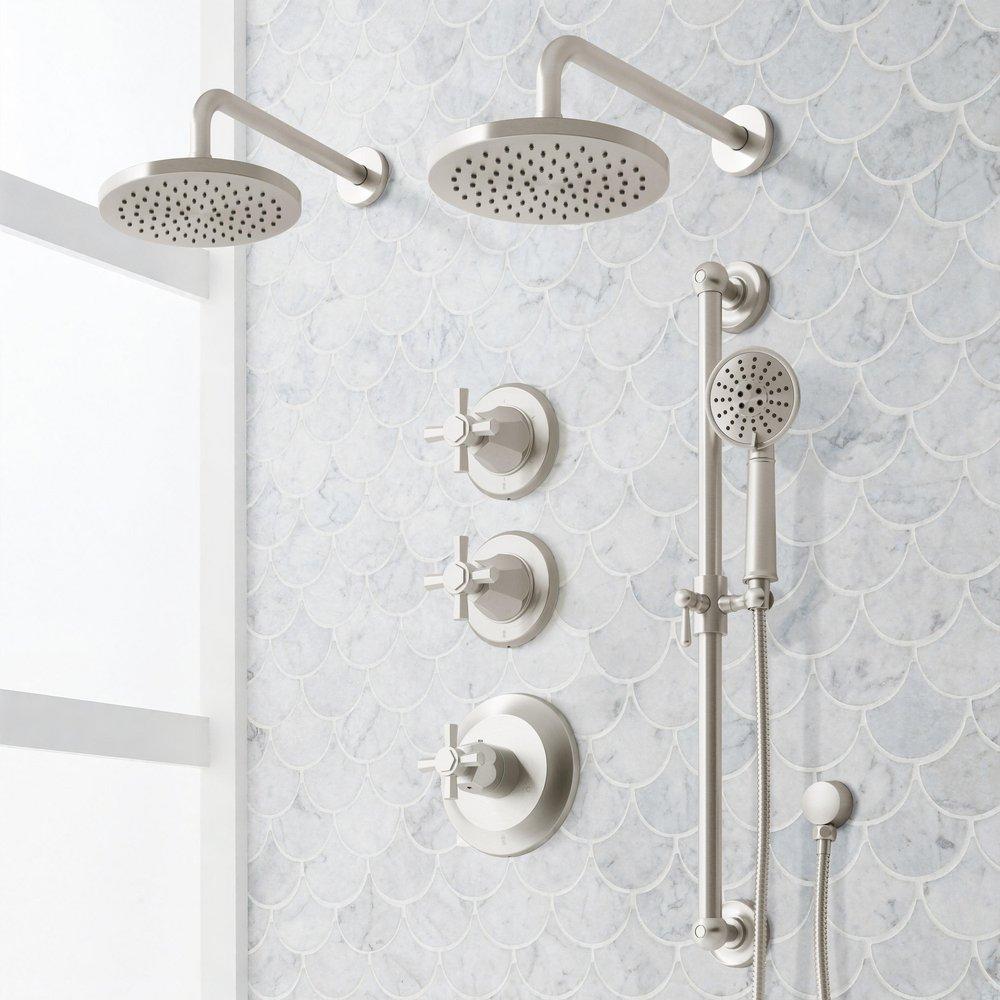 ELITA THERMOSTATIC SHOWER SYSTEM - DUAL SHOWERHEADS SLIDE BAR AND HAND SHOWER-CROSS-BRUSHED NICKEL 