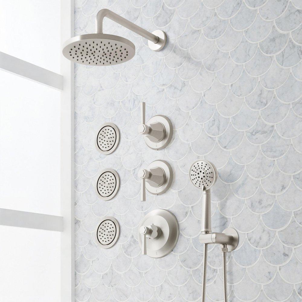 ELITA THERMOSTATIC SHOWER SYSTEM WITH 3 BODY SPRAYS AND HAND SHOWER - LEVER HANDLES - BRUSHED NICKEL 