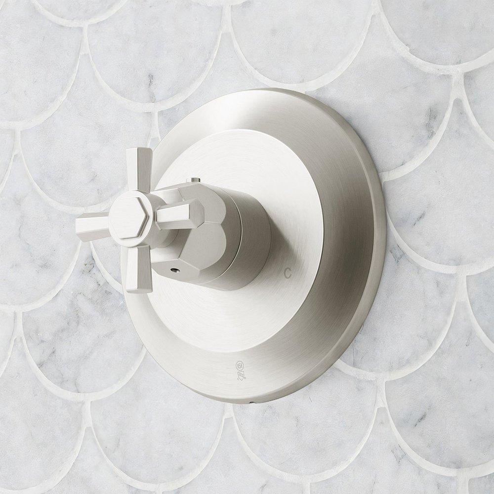 ELITA THERMOSTATIC SHOWER SYSTEM WITH 3 BODY SPRAYS AND HAND SHOWER - CROSS HANDLES - BRUSHED NICKEL 