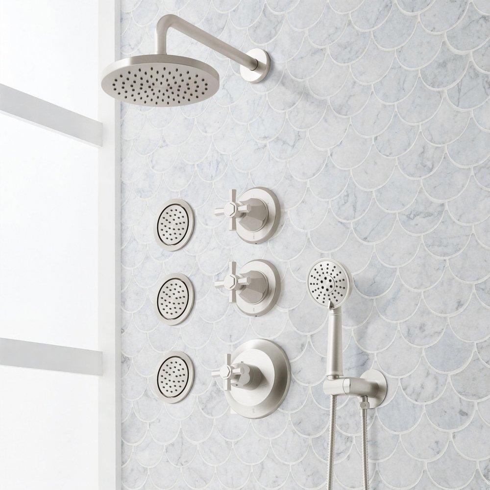 ELITA THERMOSTATIC SHOWER SYSTEM WITH 3 BODY SPRAYS AND HAND SHOWER - CROSS HANDLES - BRUSHED NICKEL 