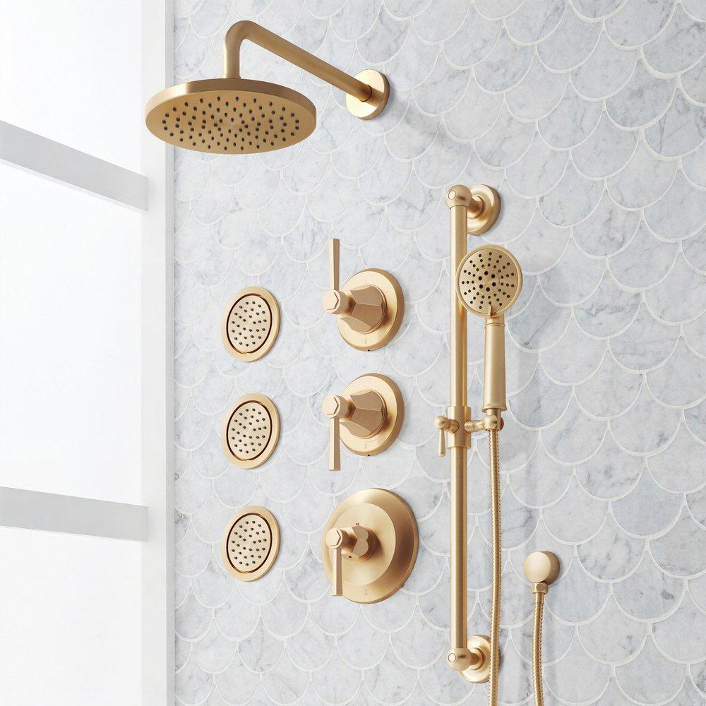 ELITA THERMOSTATIC SHOWER SYSTEM - 3 BODY SPRAYS SLIDE BAR AND HAND SHOWER - LEVER - BRUSHED GOLD 