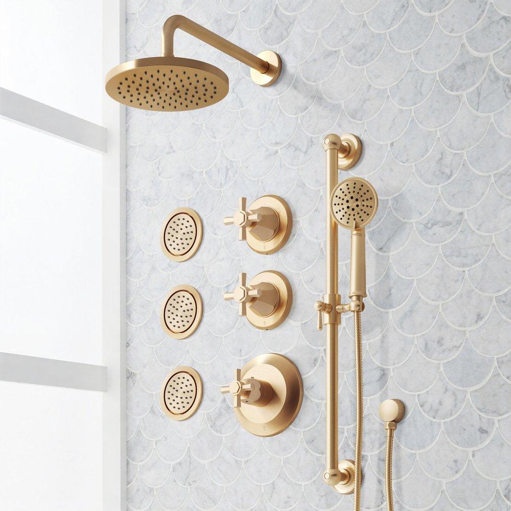 ELITA THERMOSTATIC SHOWER SYSTEM - 3 BODY SPRAYS SLIDE BAR AND HAND SHOWER - CROSS - BRUSHED GOLD 