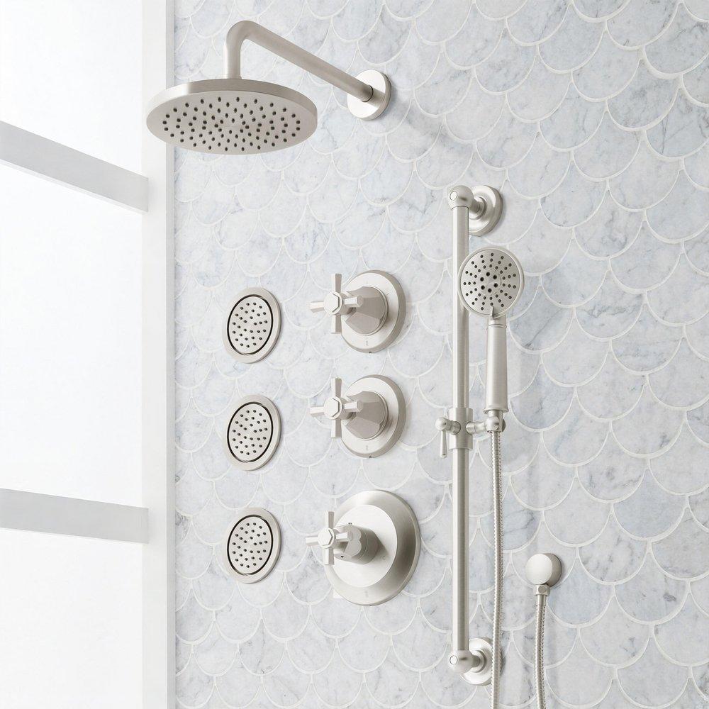 ELITA THERMOSTATIC SHOWER SYSTEM - 3 BODY SPRAYS SLIDE BAR AND HAND SHOWER - CROSS - BRUSHED NICKEL 