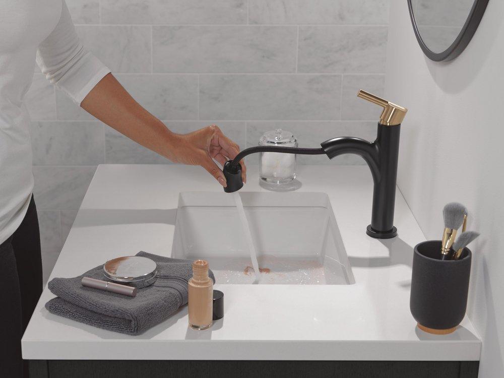 Single Handle Monoblock Bathroom Sink Faucet in Matte Black with Champagne Bronze 