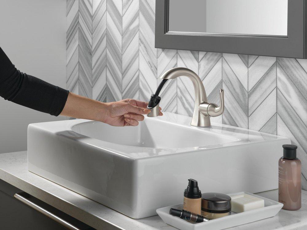 Single Handle Monoblock Bathroom Sink Faucet in SpotShield&reg; Brushed Nickel 