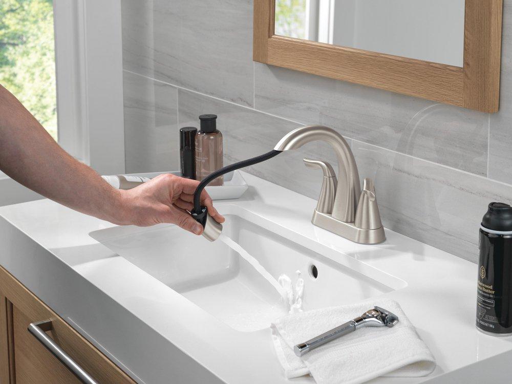 Two Handle Centerset Bathroom Sink Faucet in SpotShield&reg; Brushed Nickel 