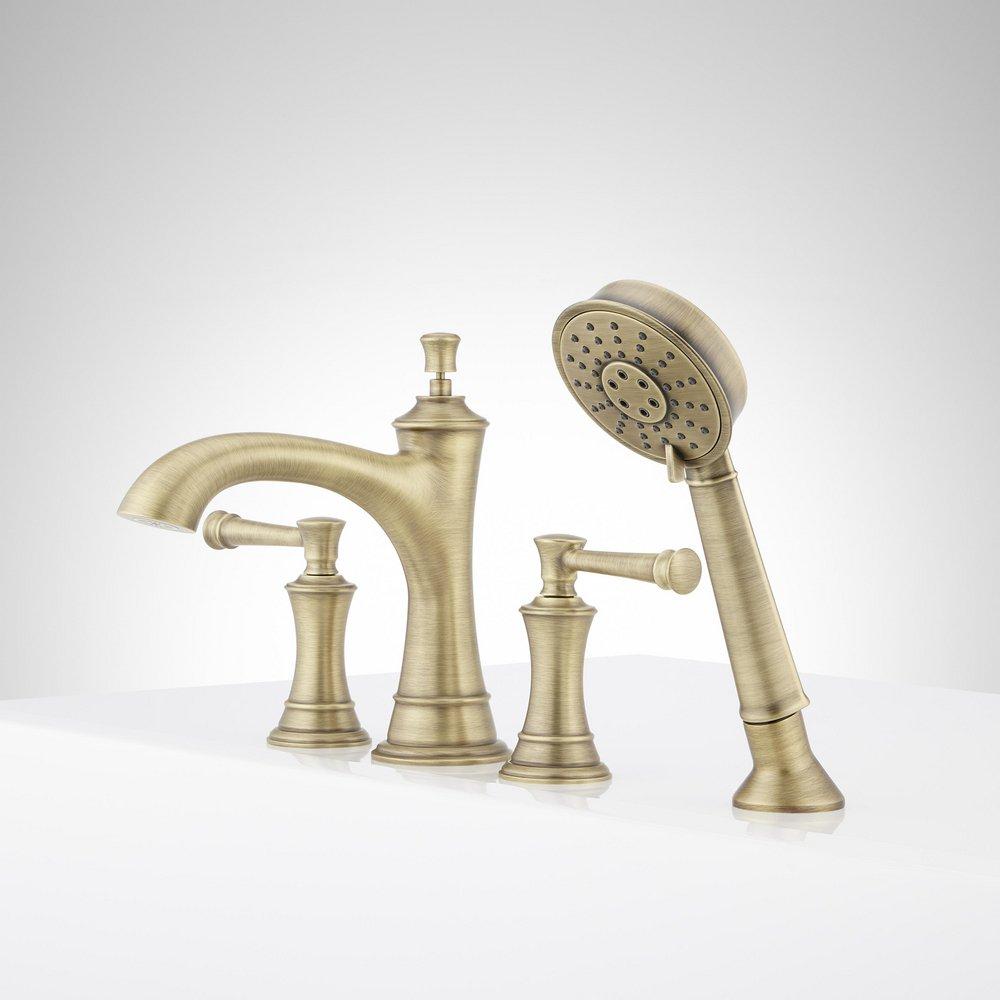 Signature Hardware Aged Brass Two Handle Roman Tub Filler Faucet with Hand Shower (Trim Only) 