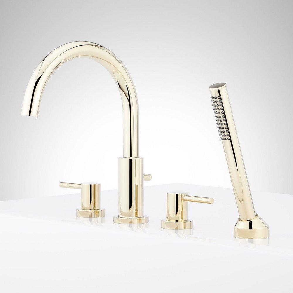 Signature Hardware Polished Brass Two Handle Roman Tub Filler Faucet with Hand Shower (Trim Only) 