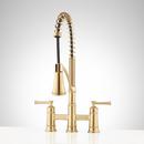 Two Handle Pull Down Bridge Kitchen Faucet in Brushed Gold