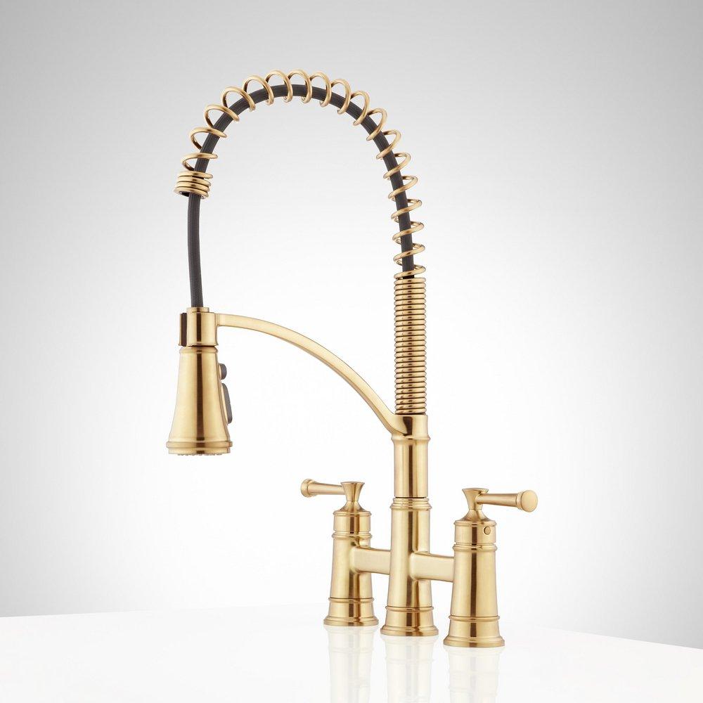 Signature Hardware Brushed Gold Two Handle Pull Down Bridge Kitchen Faucet 