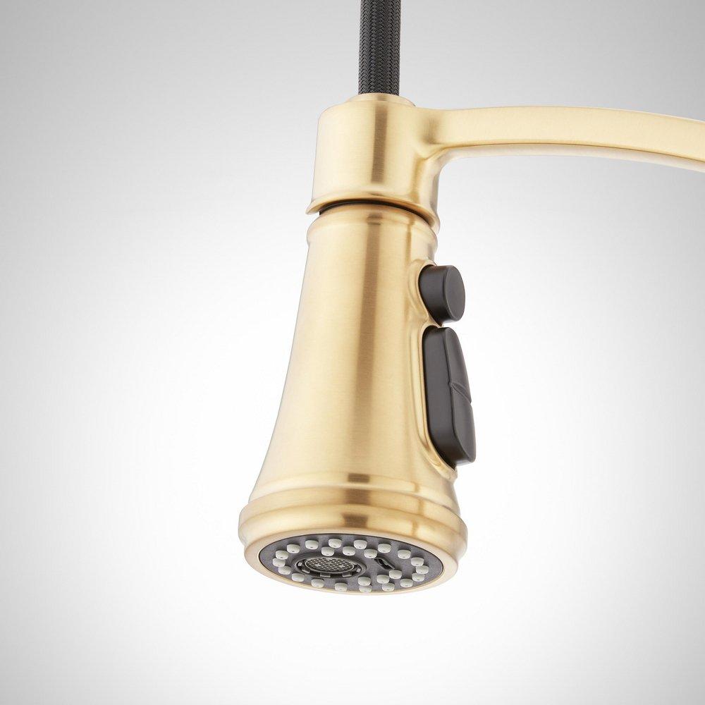 Signature Hardware Brushed Gold Two Handle Pull Down Bridge Kitchen Faucet 