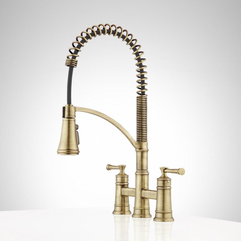 Signature Hardware Aged Brass Two Handle Pull Down Bridge Kitchen Faucet 