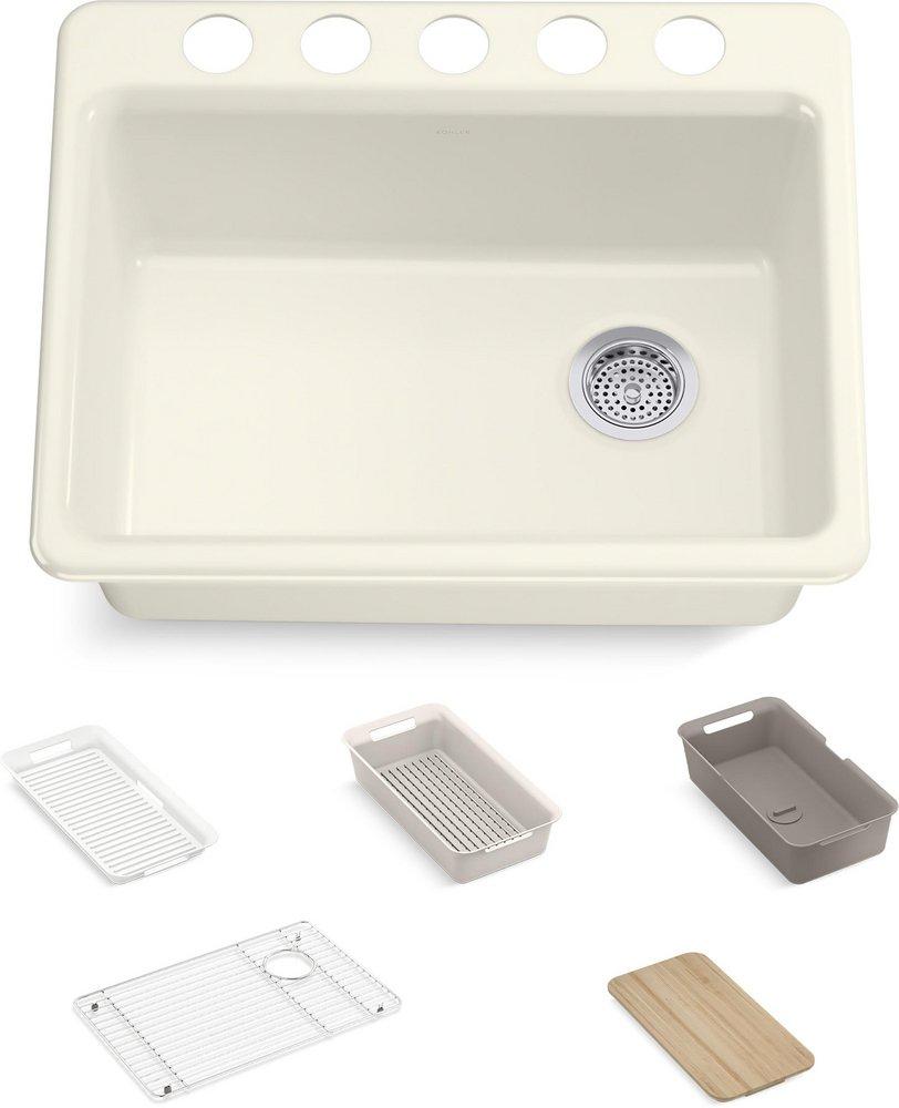 27" Undermount Cast Iron Single Bowl Workstation Kitchen Sink in Biscuit 