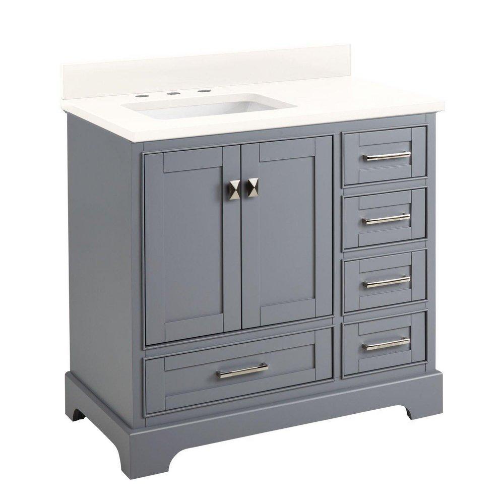36 QUEN VANITY WITH LEFT OFFSET RECTANGULAR UNDERMOUNT SINK - GRAY - ARCTIC WHITE QUARTZ WIDESPREAD 