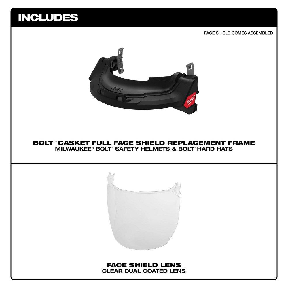 BOLT GASKETED FULL FACE SHIELD - CLEAR DUAL COAT LENS COMPATIBLE WITH MILWAUKEE BOLT SAFETY HELMETS & BOLT HARD HATS 