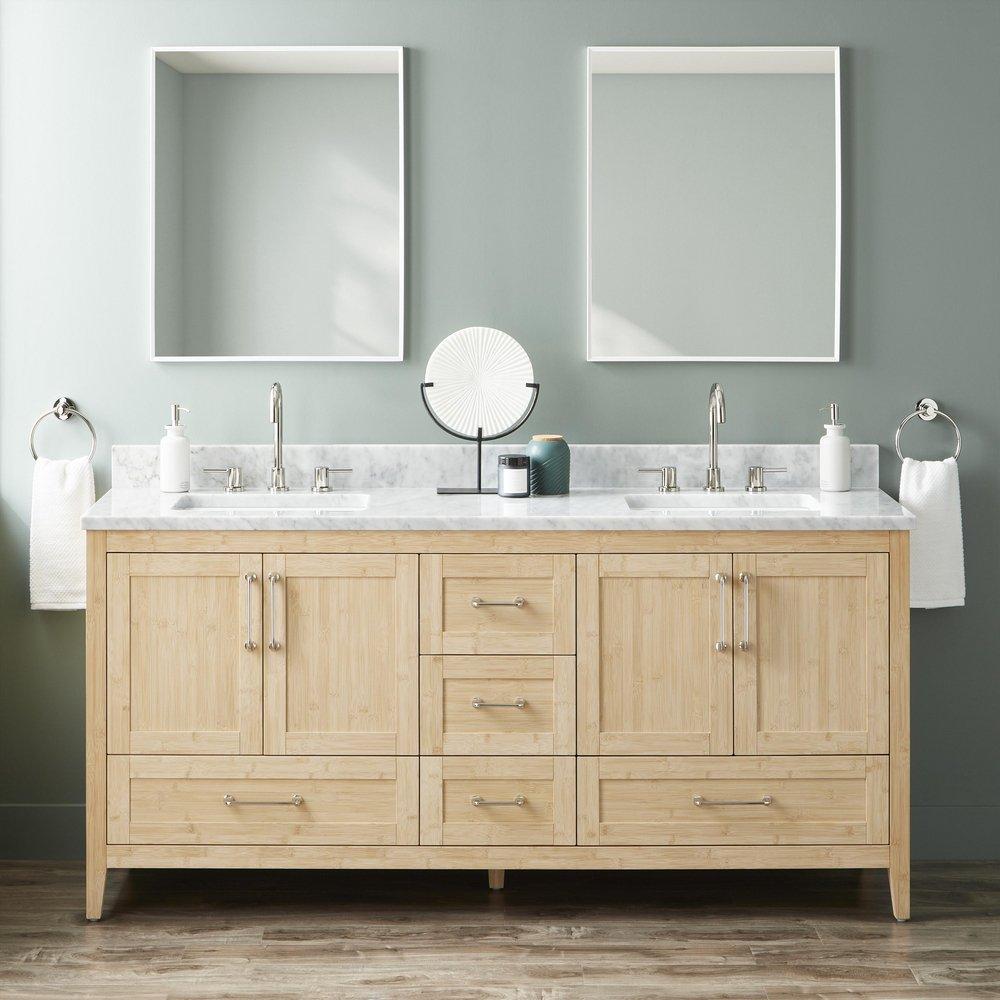 72 in. Floor Mount Vanity in Natural Bamboo with Carrara Marble image number 8