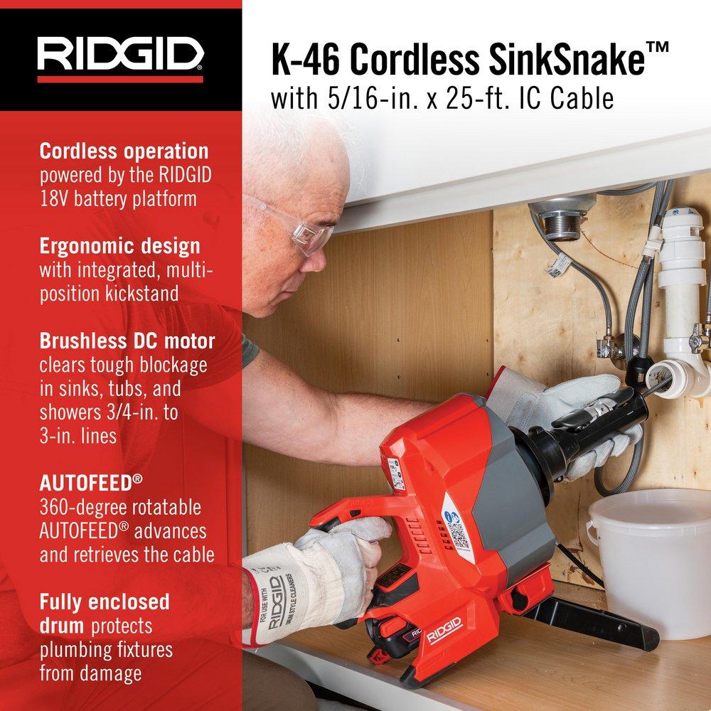 K-46 CORDLESS SINKSNAKE DELUXE KIT WITH 5/16X25FT CABLE 3/ X35FT CABLE T-250 TOOL SET CARRYING CASE 18V 2.5AH BATTERY & CHARGER 