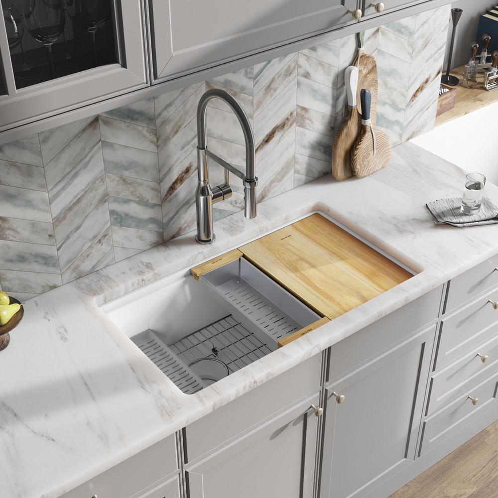 33 in. Undermount Quartz Single Bowl Workstation Kitchen Sink in Arctic Fox 