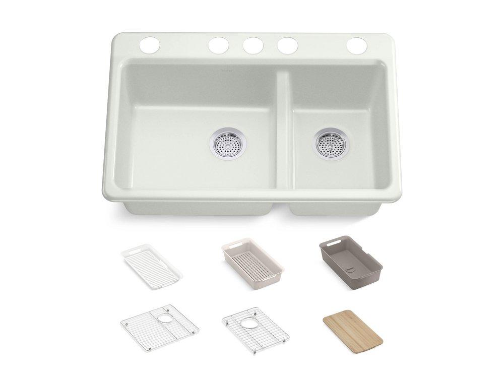 33" Undermount Cast Iron Double Bowl Workstation Kitchen Sink in Sea Salt 