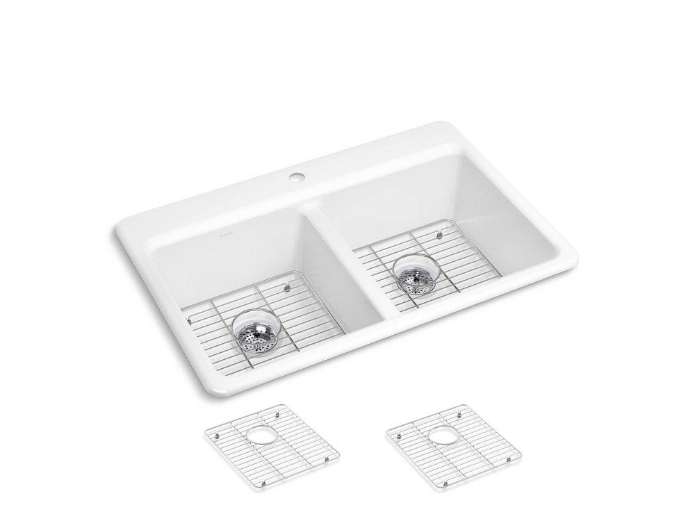 33 in. Drop-in Cast Iron Double Bowl Kitchen Sink with Basin Rack 