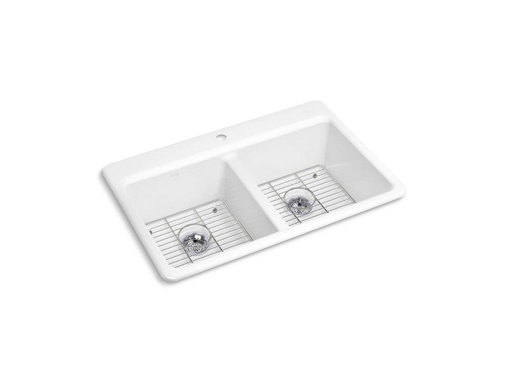 33 in. Drop-in Cast Iron Double Bowl Kitchen Sink with Basin Rack 