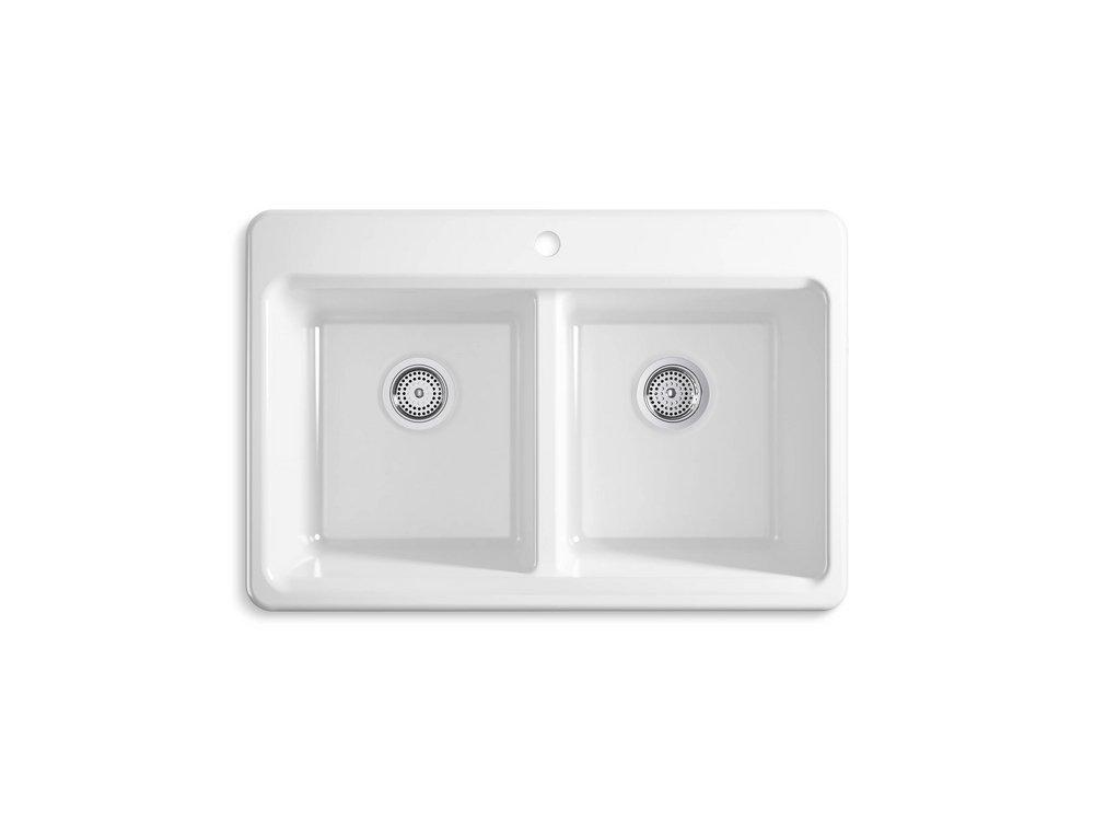 33 in. Drop-in Cast Iron Double Bowl Kitchen Sink with Basin Rack 