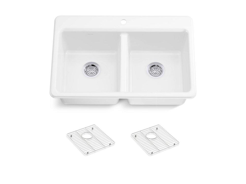 33 in. Drop-in Cast Iron Double Bowl Kitchen Sink with Basin Rack 