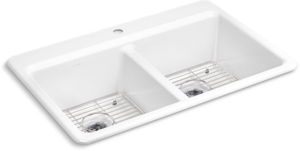 33 in. Drop-in Cast Iron Double Bowl Kitchen Sink with Basin Rack 