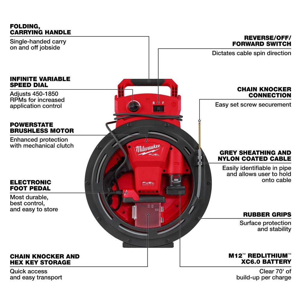 M12 FUEL HIGH SPEED CHAIN SNAKE FOR 1-1/4-2 PIPES 