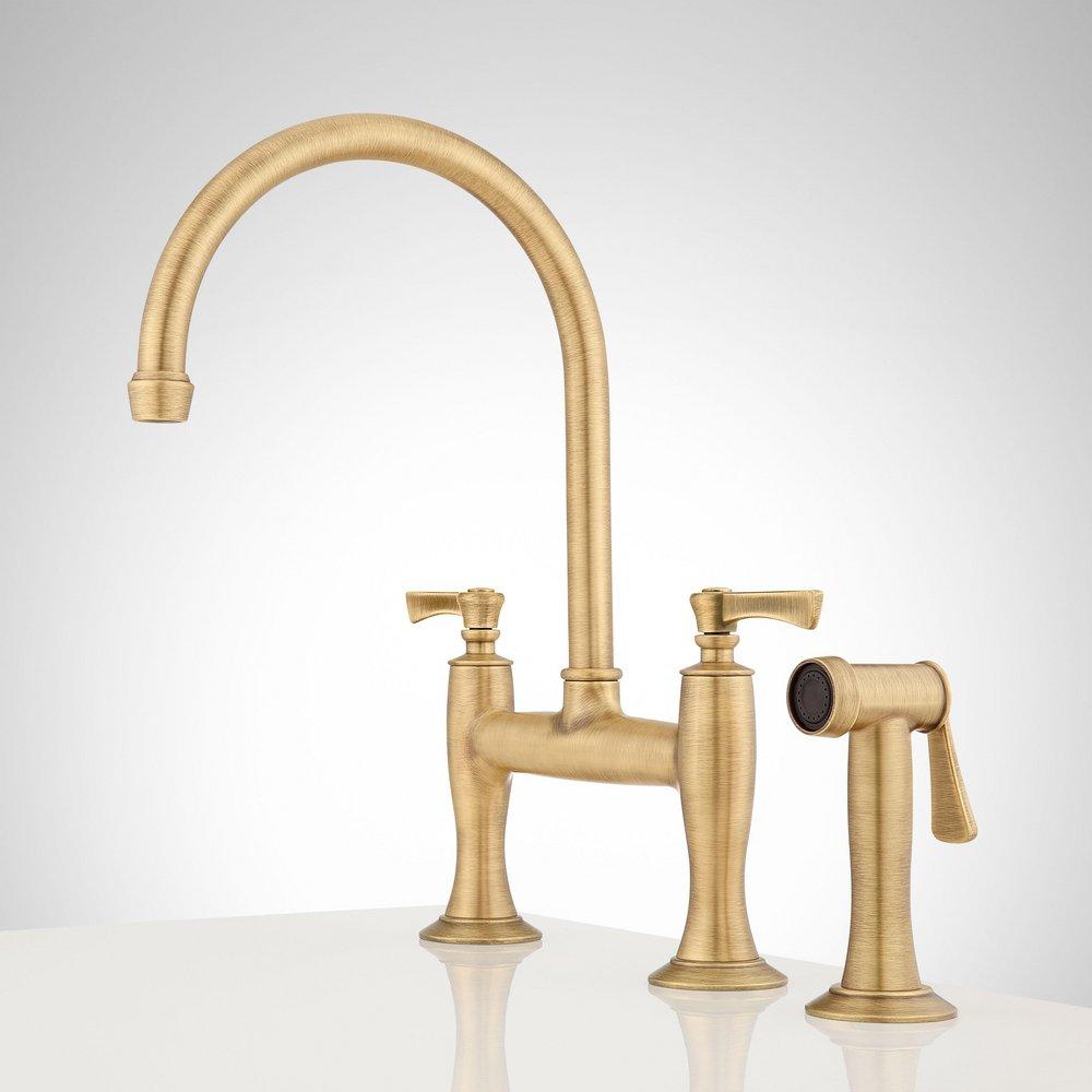 Signature Hardware Aged Brass Two Handle Bridge Kitchen Faucet with Side Spray 