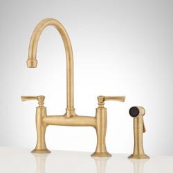 Two Handle Bridge Kitchen Faucet with Side Spray in Aged Brass