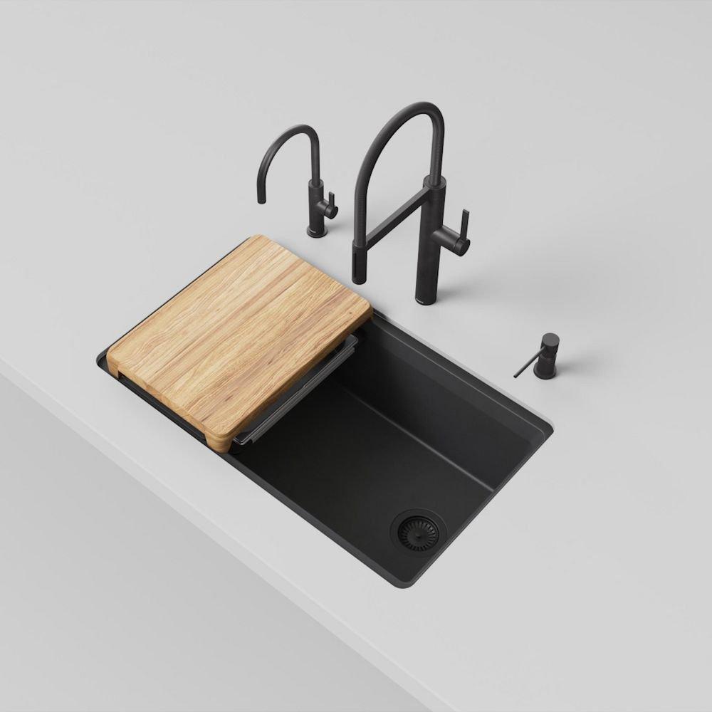 33 in. Undermount Silgranit Single Bowl Workstation Kitchen Sink in Coal Black 