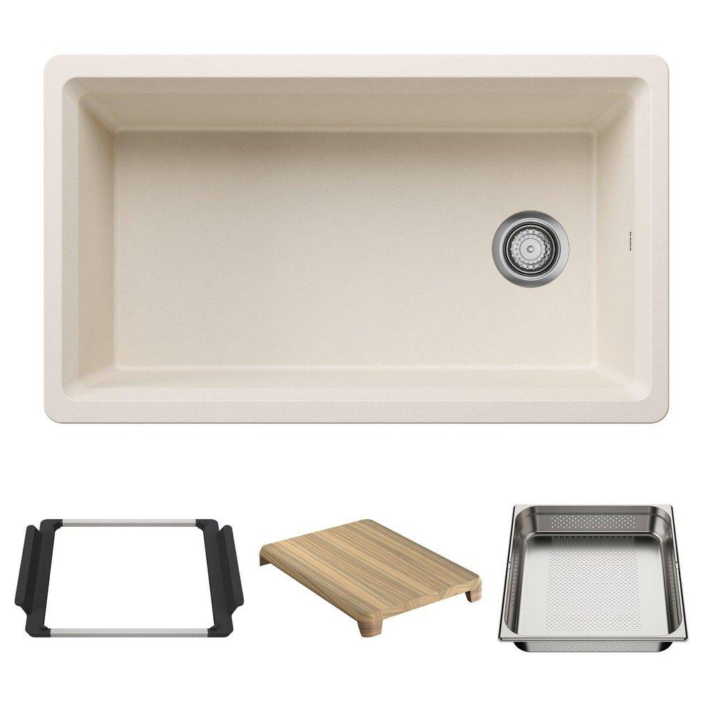 33 in. Undermount Silgranit Single Bowl Workstation Kitchen Sink in Soft White 