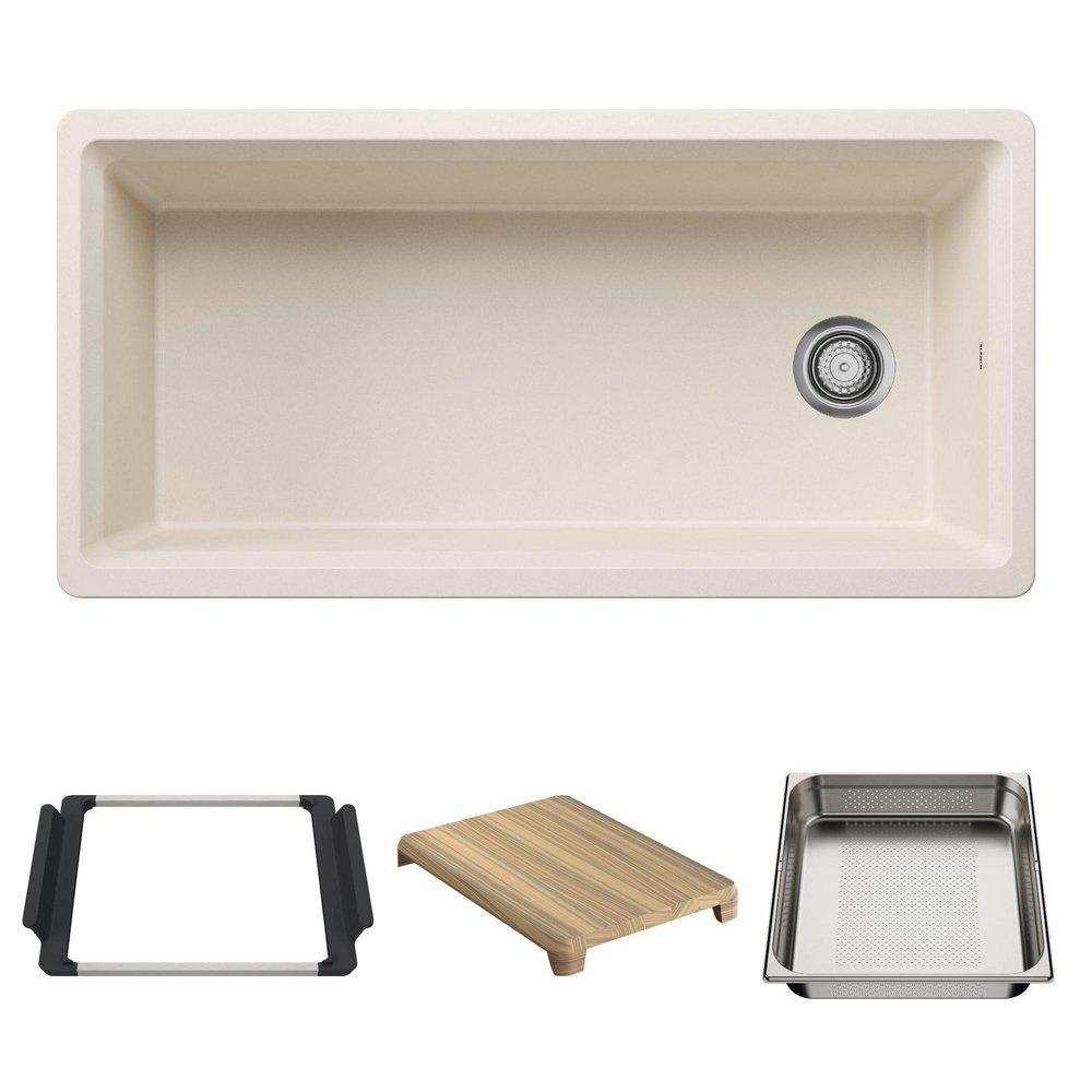 39 in. Undermount Silgranit Single Bowl Workstation Kitchen Sink in Soft White 