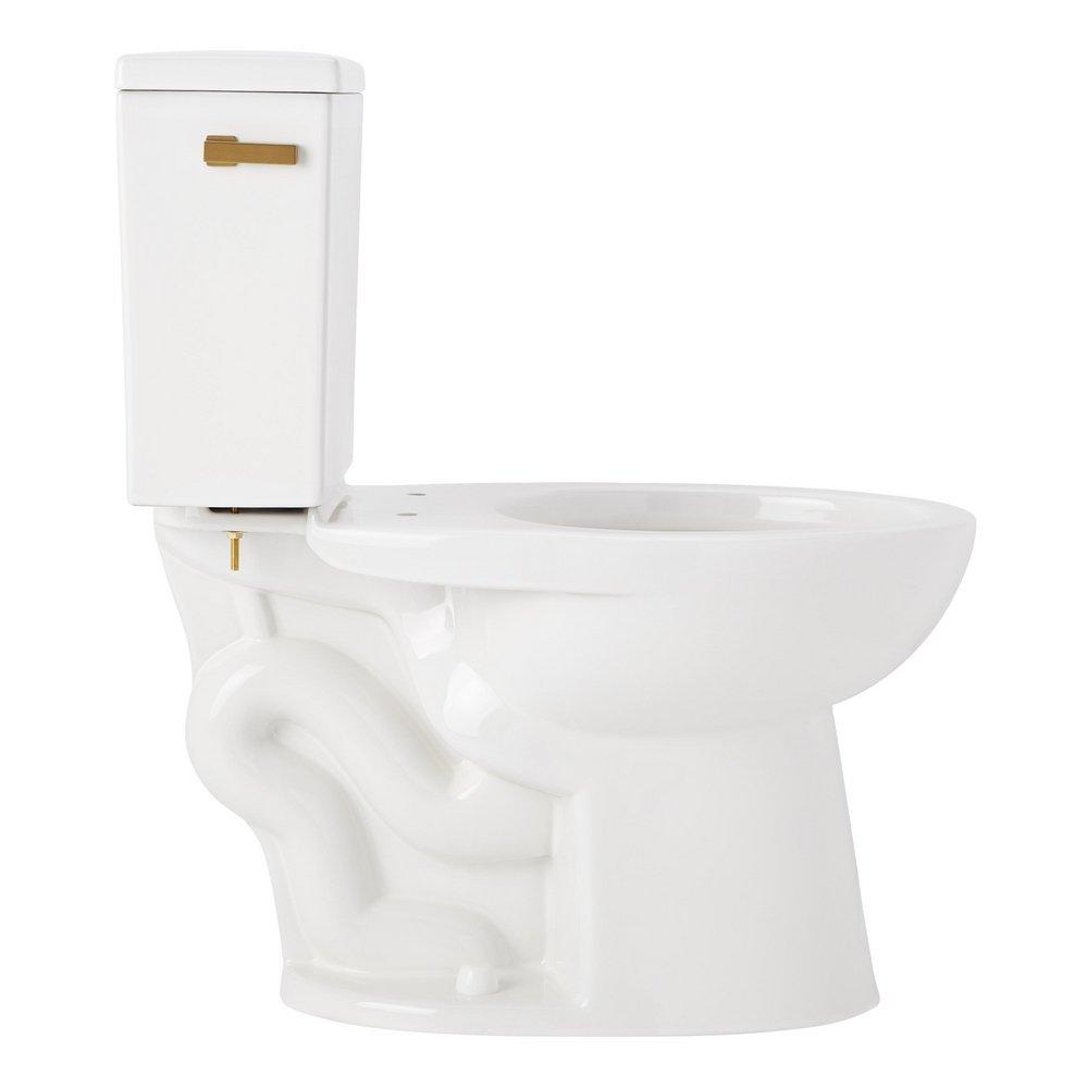 1.28 gpf Two Piece Elongated Toilet with Reversible Tank and Brushed Gold Handle, Less Toilet Seat 