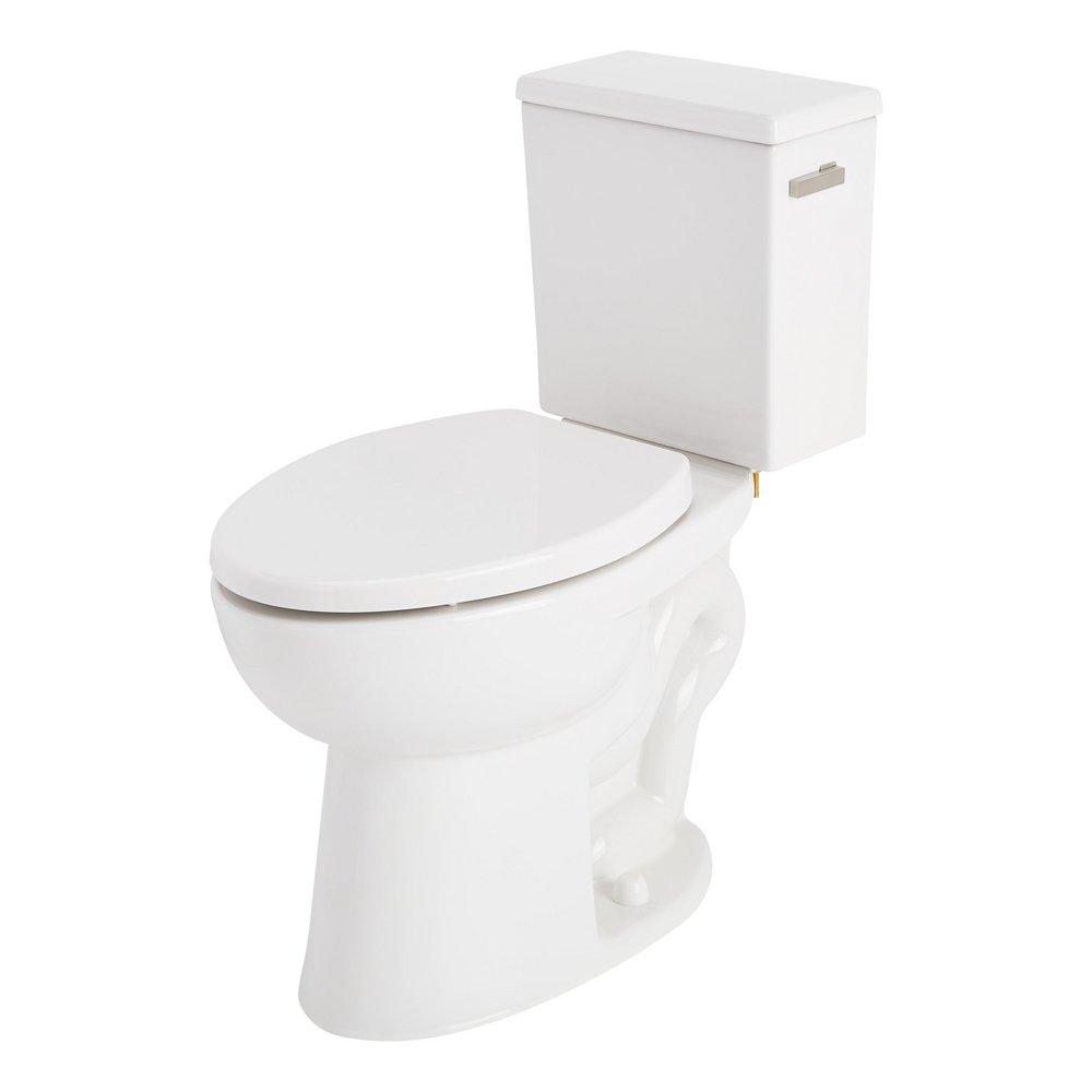 1.28 gpf Two Piece Elongated Toilet with Reversible Tank and Brushed Nickel Handle, Includes Toilet Seat 