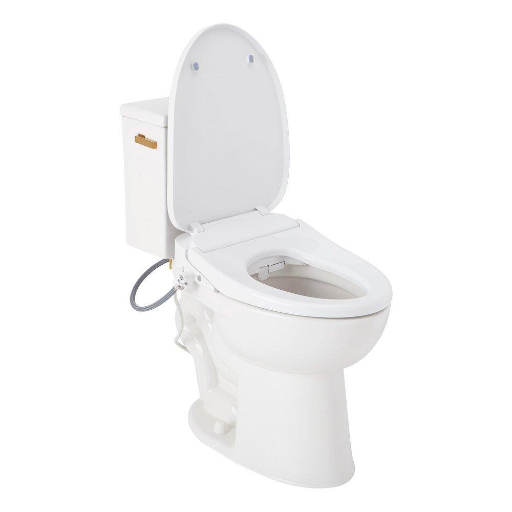 1.28 gpf Two Piece Elongated Toilet with Reversible Tank and Brushed Gold Handle, Includes Bidet Seat 