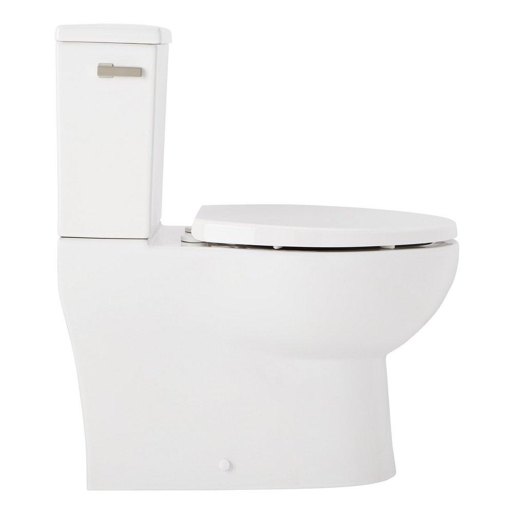Two Piece Elongated Skirted Toilet with Reversible Tank and Brushed Nickel Handle, Less Toilet Seat 