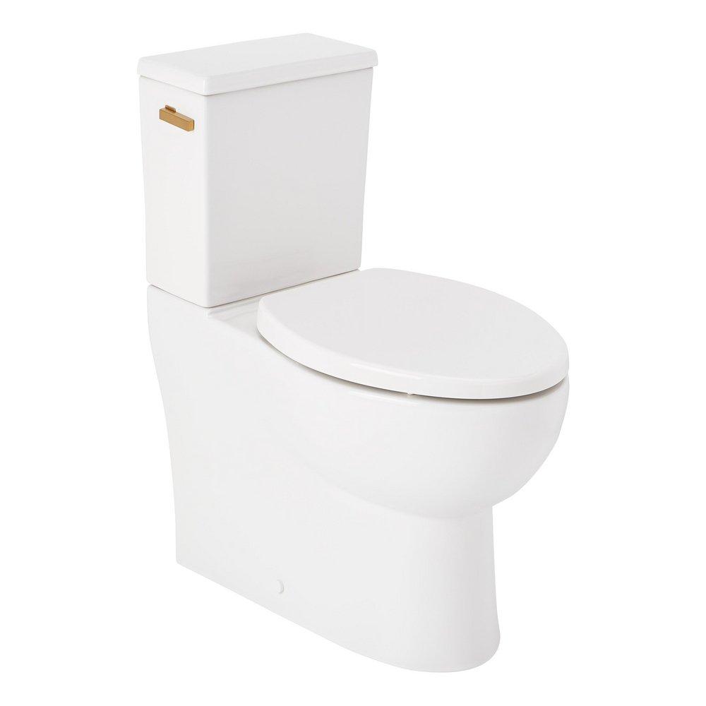 LAVRIK TWO-PIECE SKIRTED ELONGATED TOILET WITH REVERSIBLE TANK - BRUSHED GOLD HANDLE 