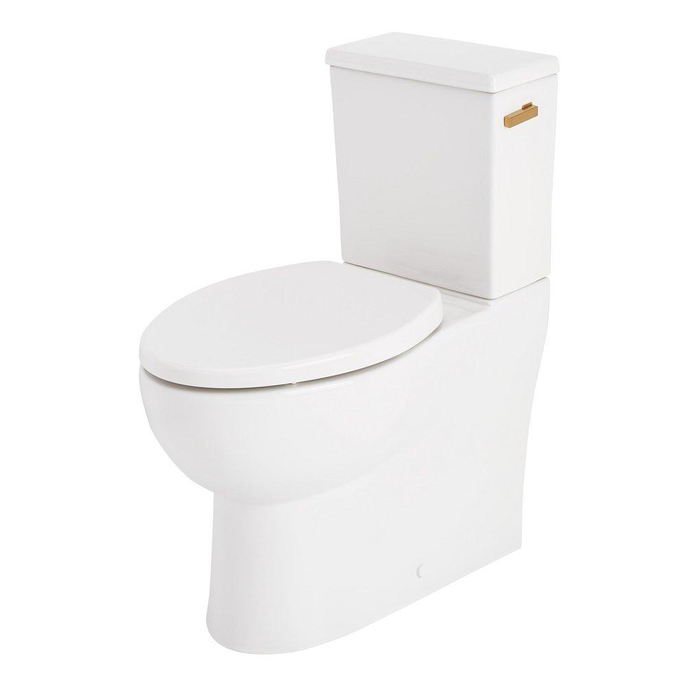 LAVRIK TWO-PIECE SKIRTED ELONGATED TOILET WITH REVERSIBLE TANK - BRUSHED GOLD HANDLE 