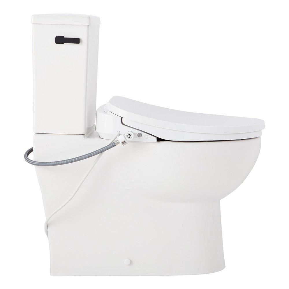 Two Piece Elongated Skirted Toilet with Reversible Tank and Matte Black Handle, Includes Bidet Seat 