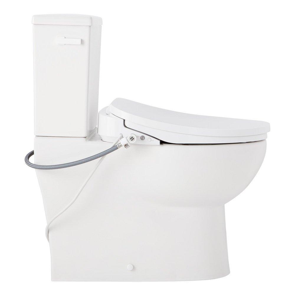 Two Piece Elongated Skirted Toilet with Reversible Tank and White Handle, Includes Bidet Seat 