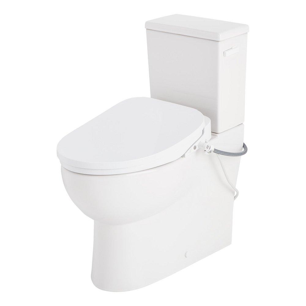 Two Piece Elongated Skirted Toilet with Reversible Tank and White Handle, Includes Bidet Seat 