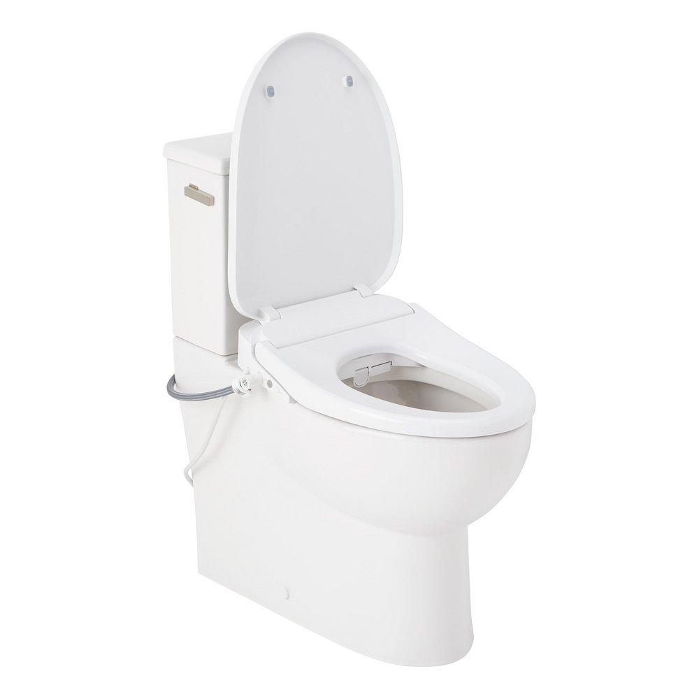 Two Piece Elongated Skirted Toilet with Reversible Tank and Brushed Nickel Handle, Includes Bidet Seat 