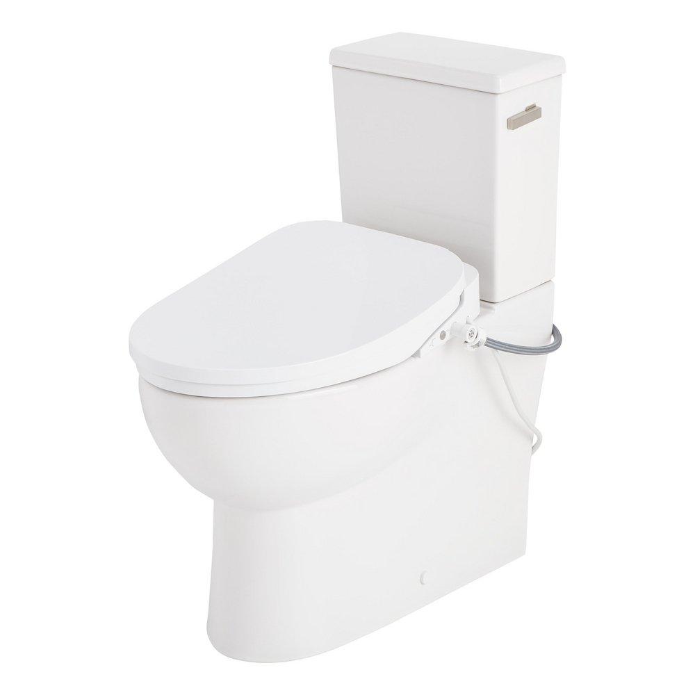 Two Piece Elongated Skirted Toilet with Reversible Tank and Brushed Nickel Handle, Includes Bidet Seat 