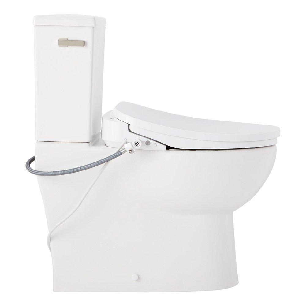 Two Piece Elongated Skirted Toilet with Reversible Tank and Brushed Nickel Handle, Includes Bidet Seat 