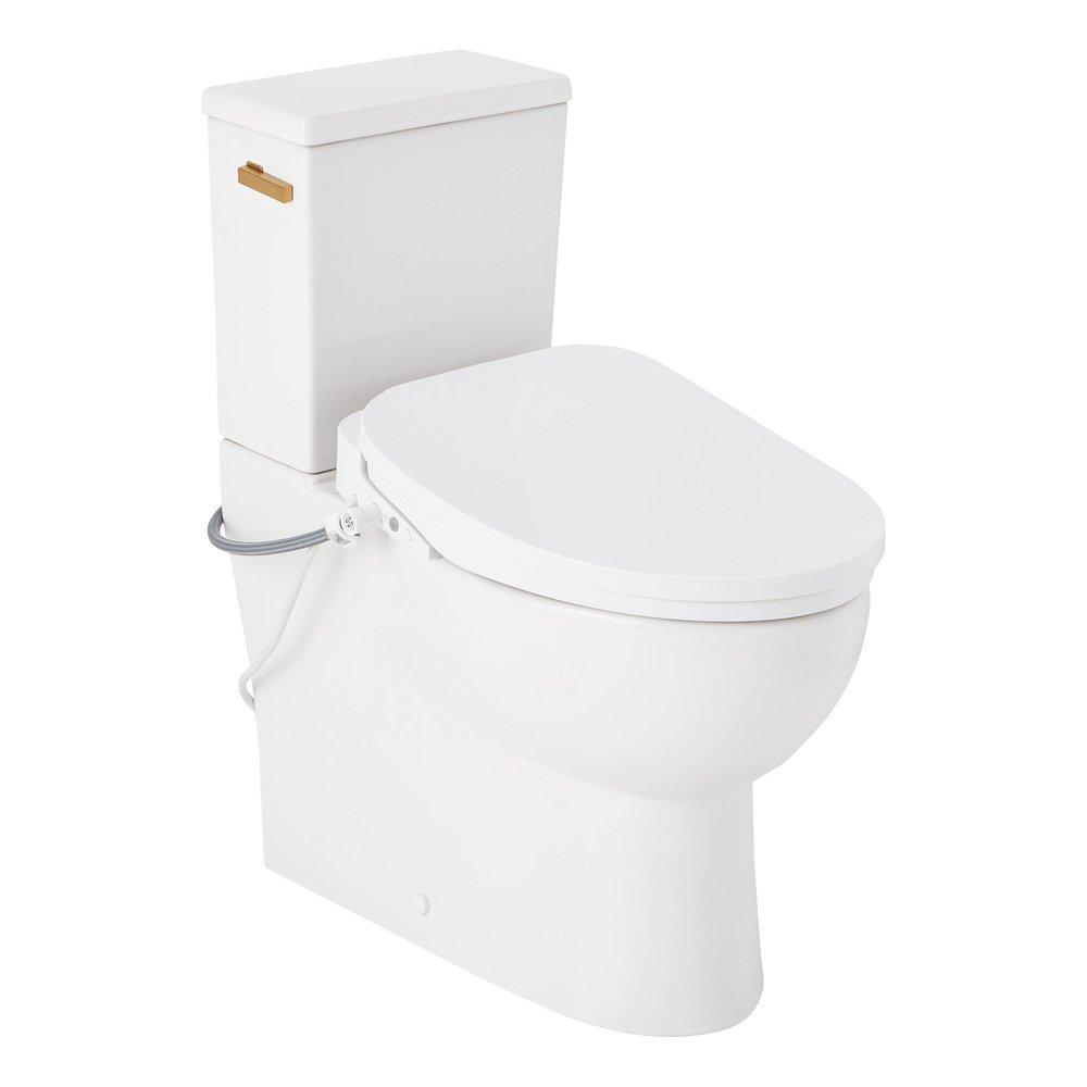 LAVRIK TWO-PIECE SKIRTED ELONGATED TOILET WITH REVERSIBLE TANK - BIDET SEAT - BRUSHED GOLD HANDLE 
